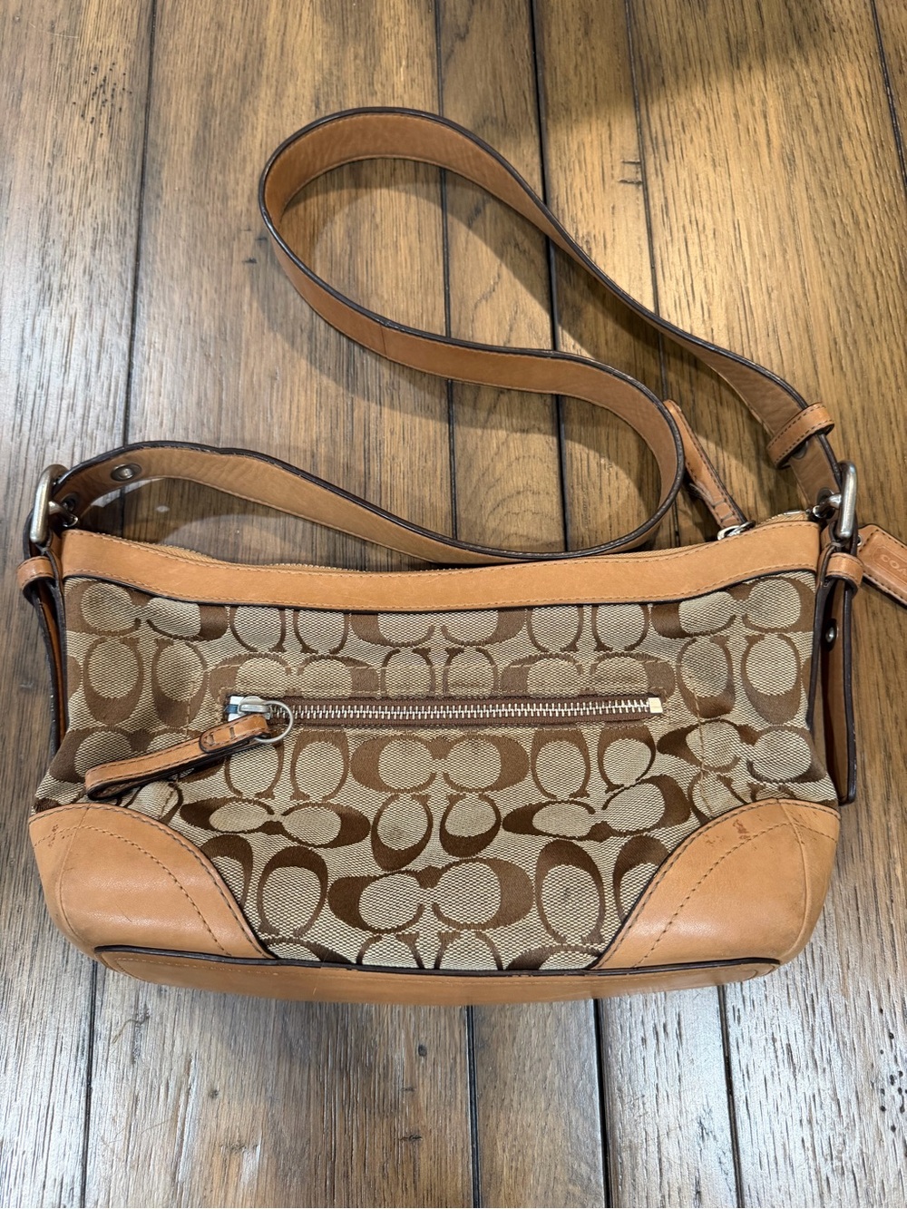 Coach Tan Signature Jacquard Crossbody with Leather Trim Authentic